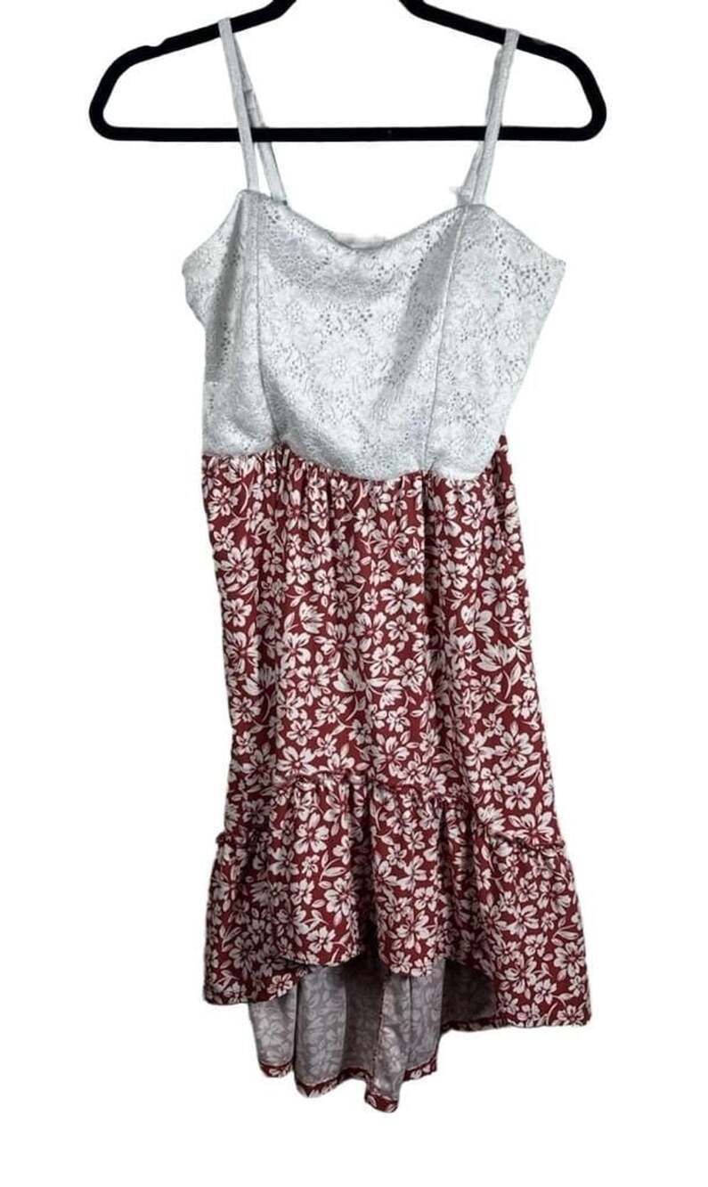 No Boundaries Red and White Floral Print Lace Top High-Low Dress